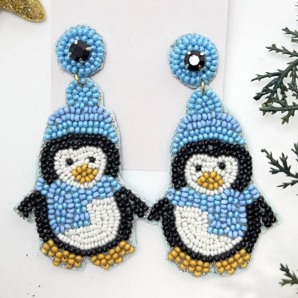 Handmade Beaded Earring, Penguin Blue and white